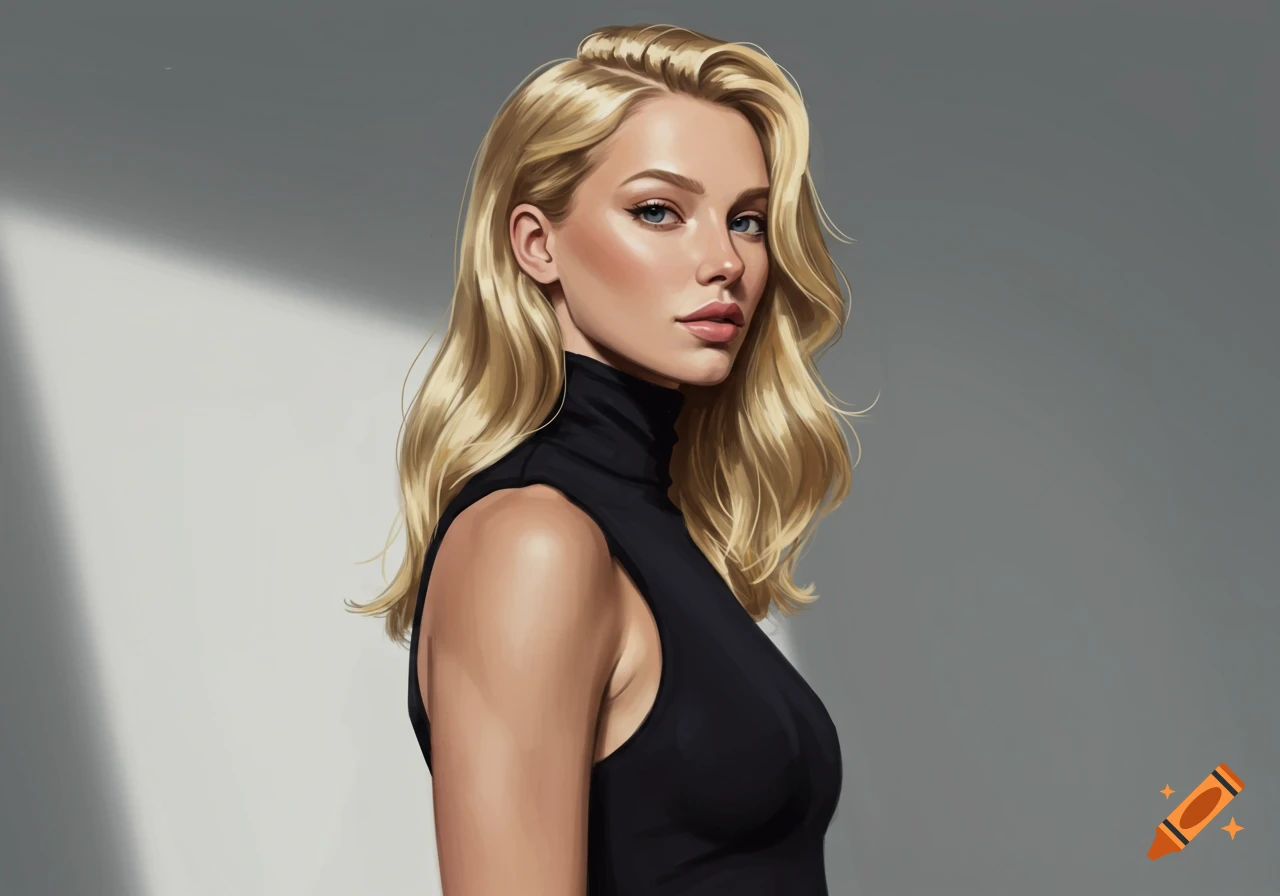 A blonde woman with blue eyes wearing a black sleeveless turtleneck top looks directly at the viewer against a gray background.
