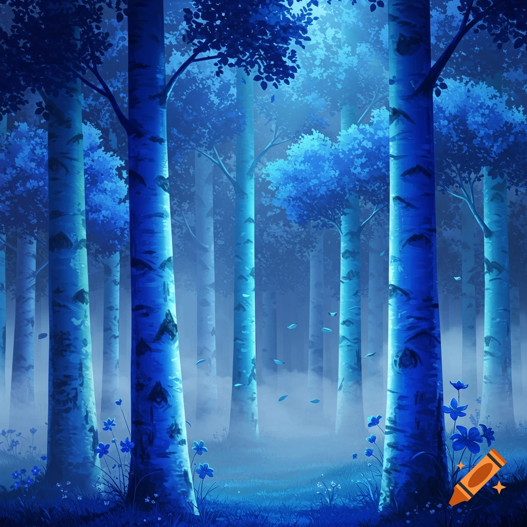 A serene, mystical blue forest with tall, light-barked trees, glowing foliage, and small blue flowers on a misty forest floor.