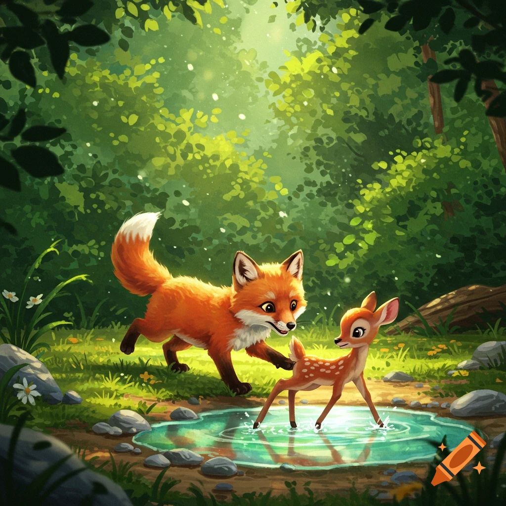 A cute cartoon fox cub gently nudges a fawn into a sparkling puddle in a sunny, lush forest.