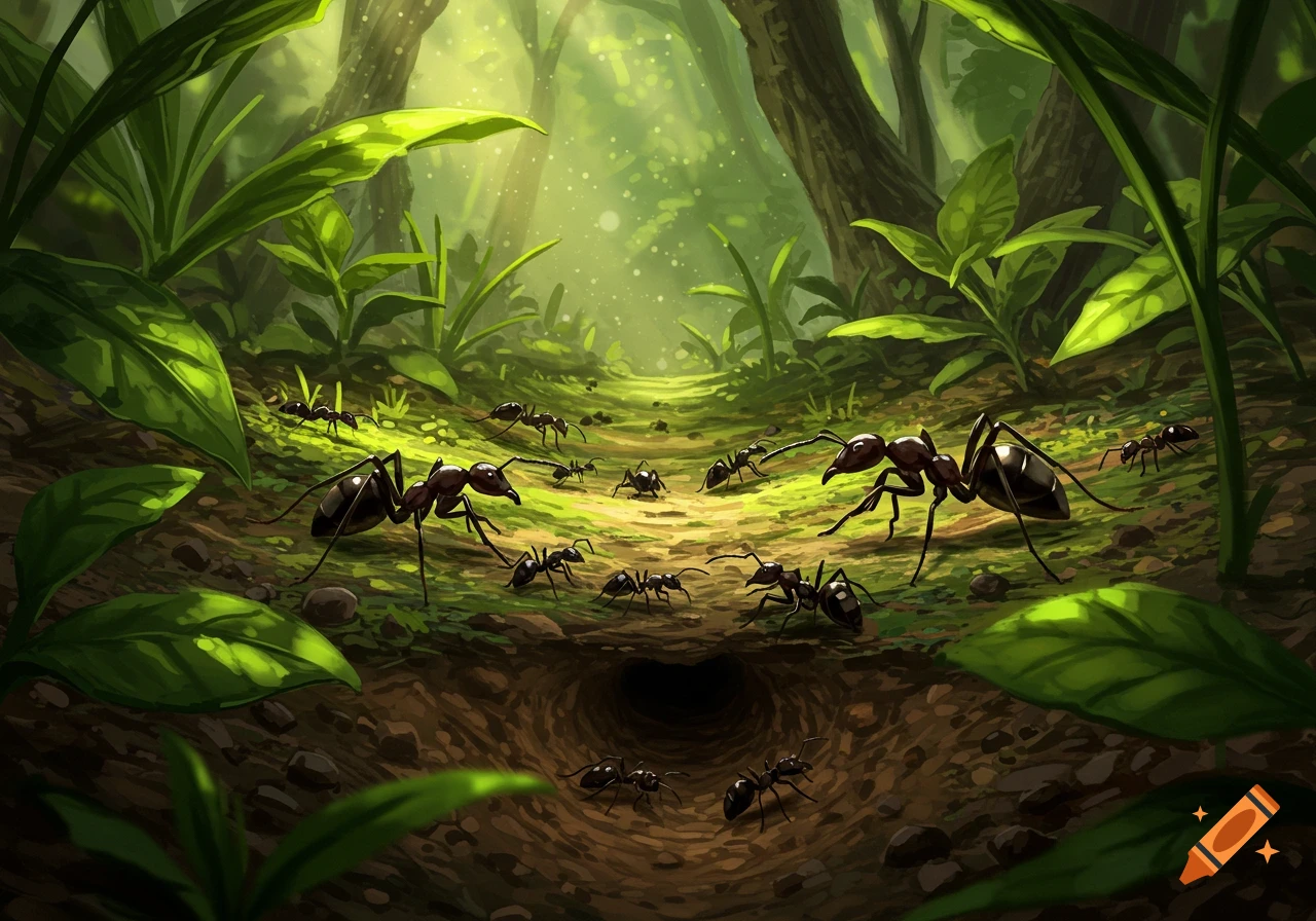 A colony of black ants swarming around an anthill entrance in a lush, sunlit forest with green leaves.