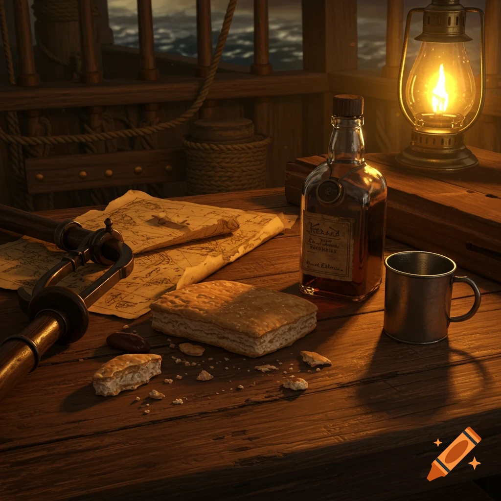 Photorealistic still life of a rum bottle, hardtack, map, and lantern on a ship's deck at dusk.