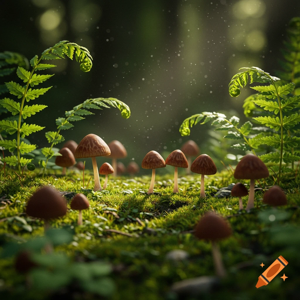 Numerous small brown mushrooms grow among vibrant green ferns on a mossy forest floor, bathed in soft, ethereal light.