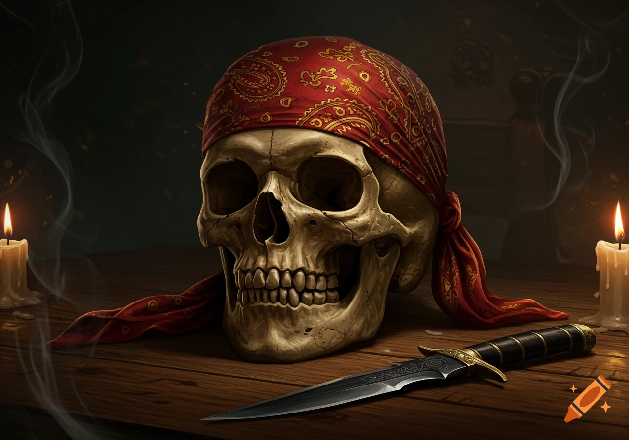 A realistic human skull wearing a red bandana sits on a wooden table with lit candles and a dagger.