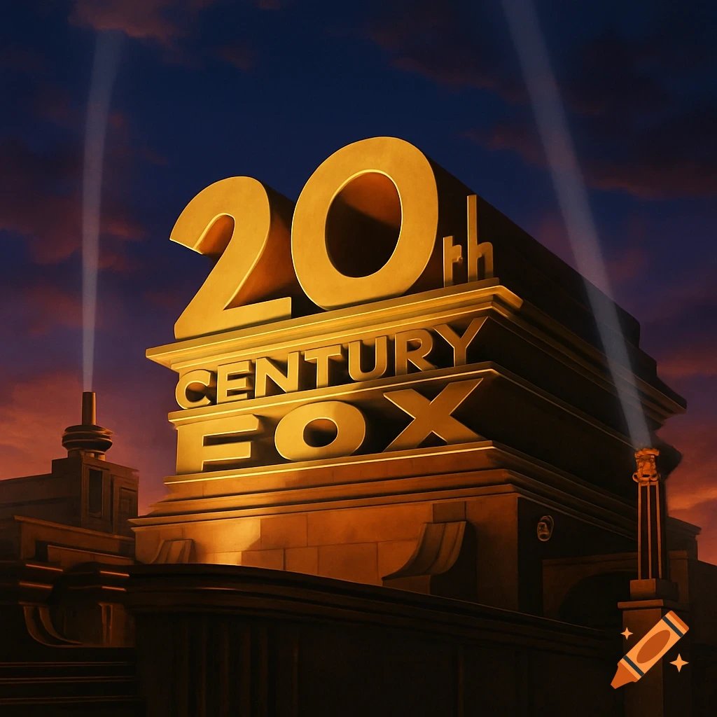 The 20th Century Fox logo, a golden monument with text, illuminated by searchlights against a dramatic sunset sky.