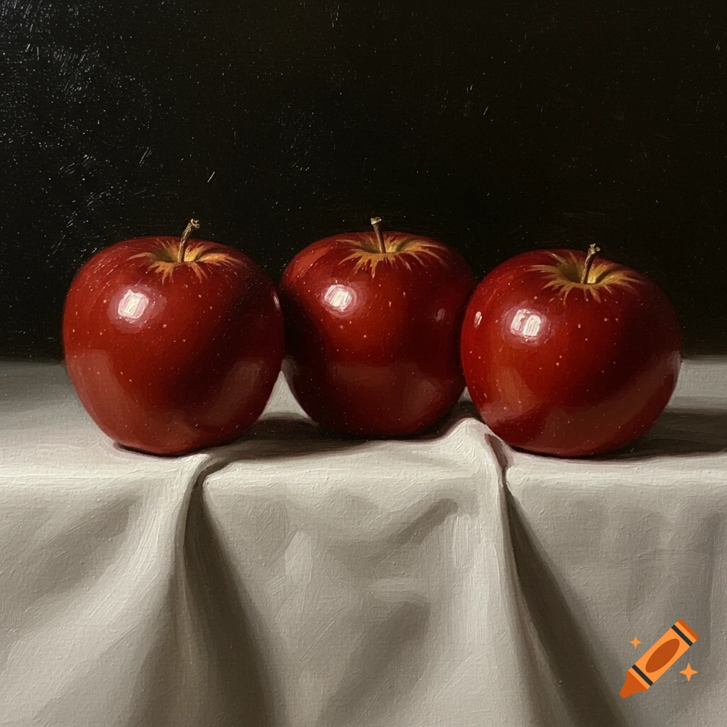 Three red apples on a cream creased tablecloth against a dark background, in a still life oil painting.