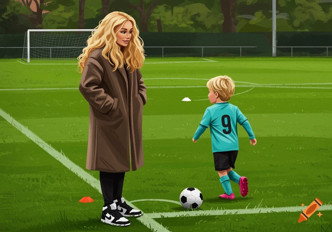 A blonde woman in a brown coat watches her son in a turquoise number 9 jersey play football on a green field, illustration style.