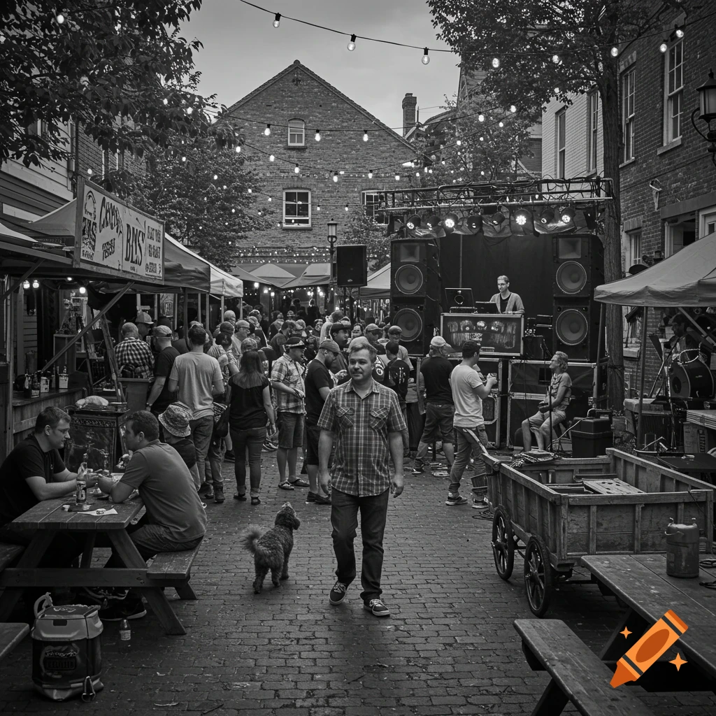 A black and white photorealistic image of a lively street fair with a DJ performing, crowds of people, food vendors, and a dog walking on a brick street.