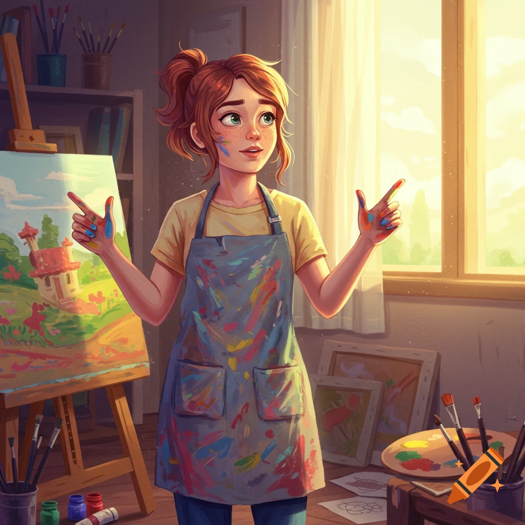 A young artist with paint on her hands and apron smiles in a sunlit art studio with an easel and painting supplies. Digital illustration.