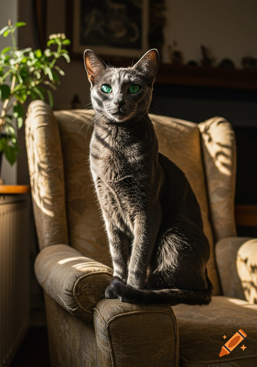 A photorealistic grey cat with bright green eyes sits on a sunlit beige armchair.