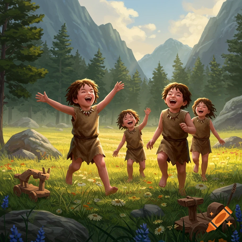 Four happy prehistoric children run and play in a sunny meadow, surrounded by green trees and mountains, with wooden toys nearby. Illustrated.