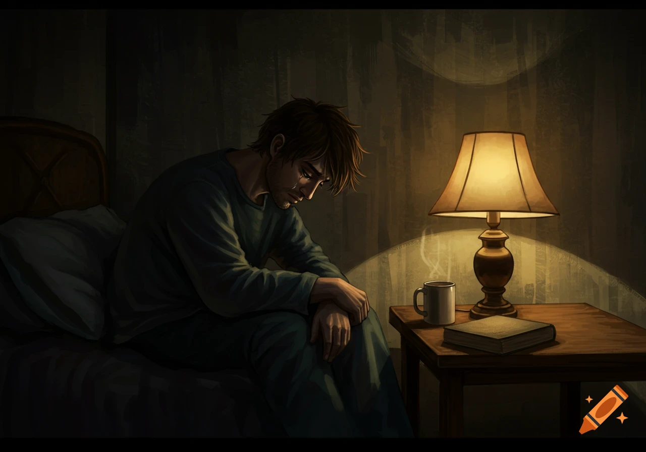 Illustration of a man crying in bed, lit by a warm bedside lamp, next to a mug and a book on a nightstand.