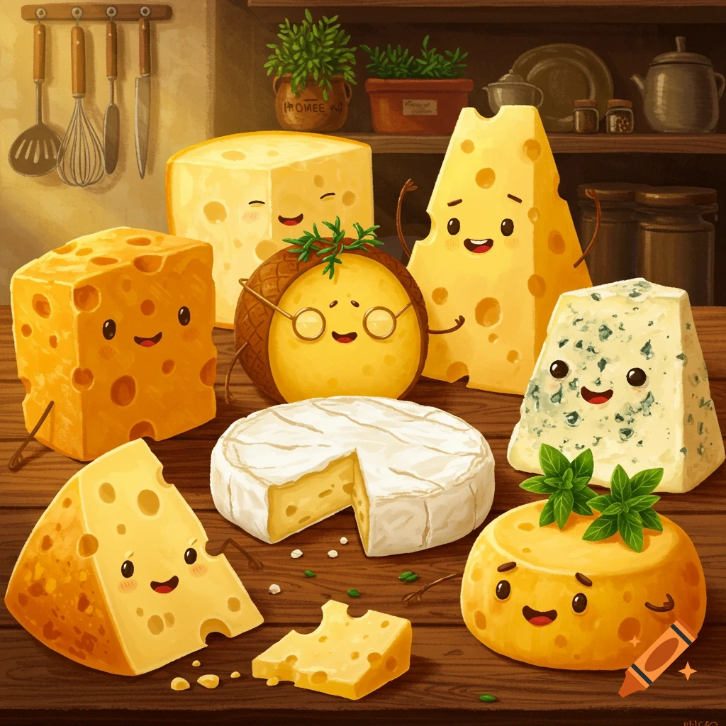 Happy cartoon cheese characters, including Swiss, blue, brie, and cheddar, on a wooden table in a rustic kitchen.