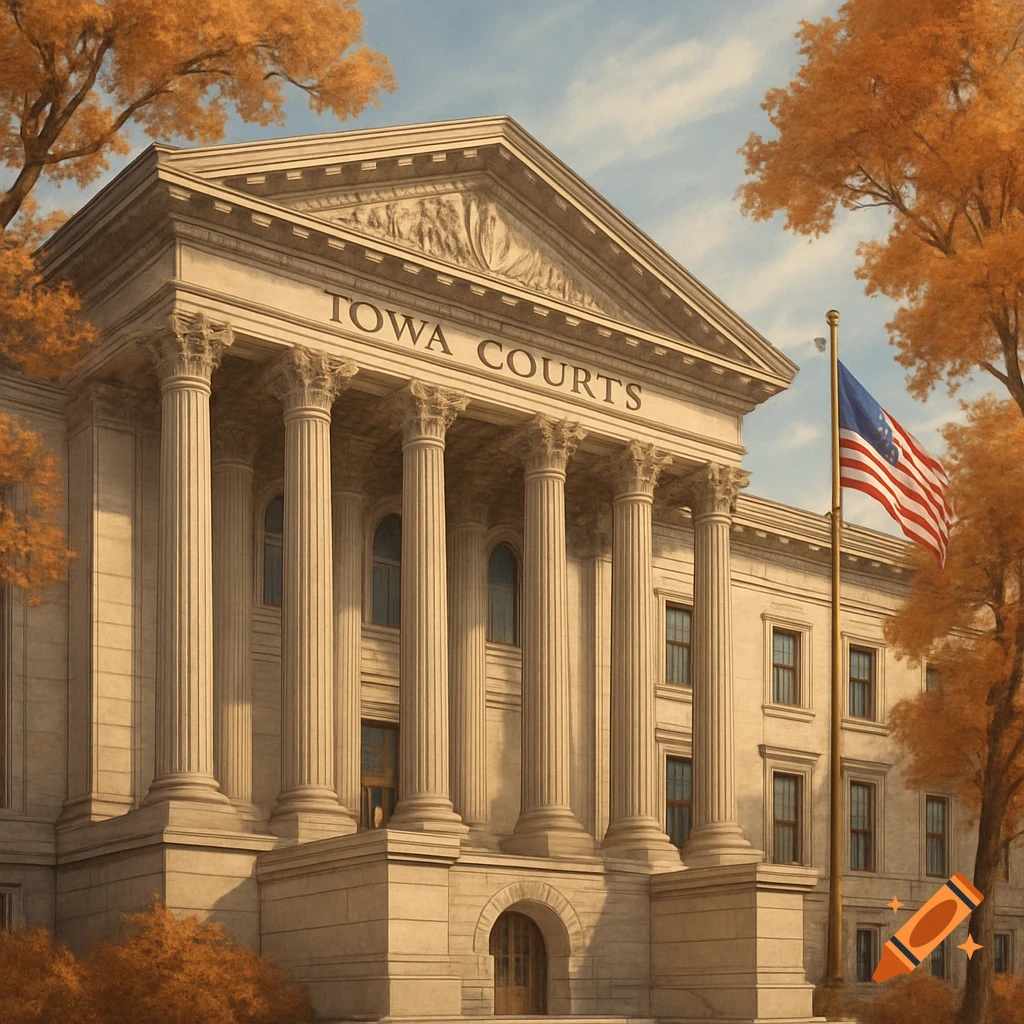Photorealistic image of a grand courthouse building with 'IOWA COURTS' text, an American flag, and autumn trees.