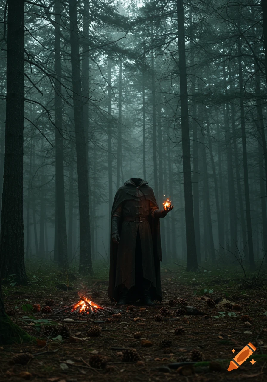A dark cloaked, headless figure stands in a misty pine forest, holding a glowing flame, with a small campfire at its feet.