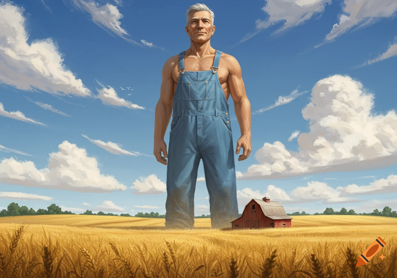 A giant, muscular man with gray hair, shirtless in blue overalls, stands in a golden wheat field under a blue sky, with a red barn in the distance. Illustrated.