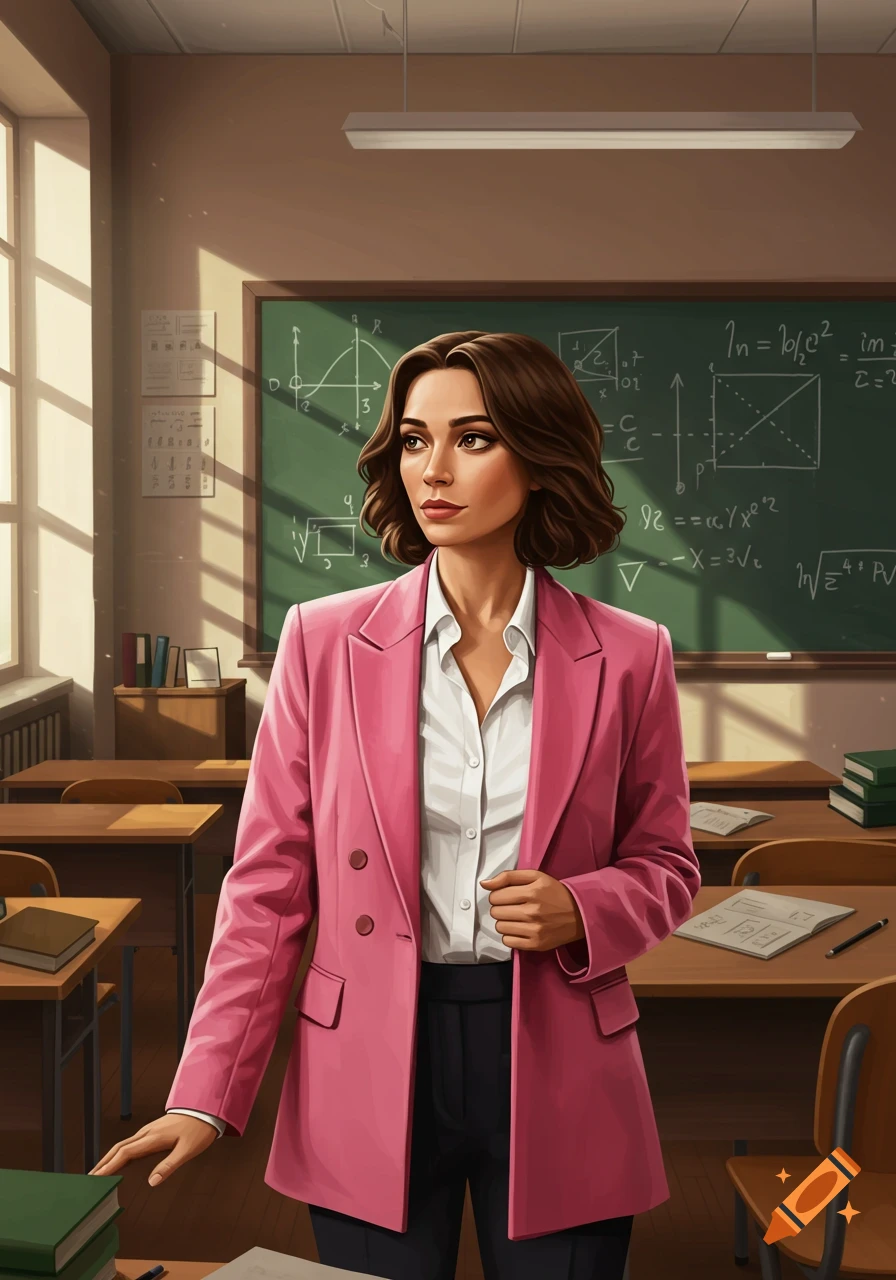 A woman in a pink blazer and white shirt stands in a classroom with a blackboard covered in math. Illustrated style.