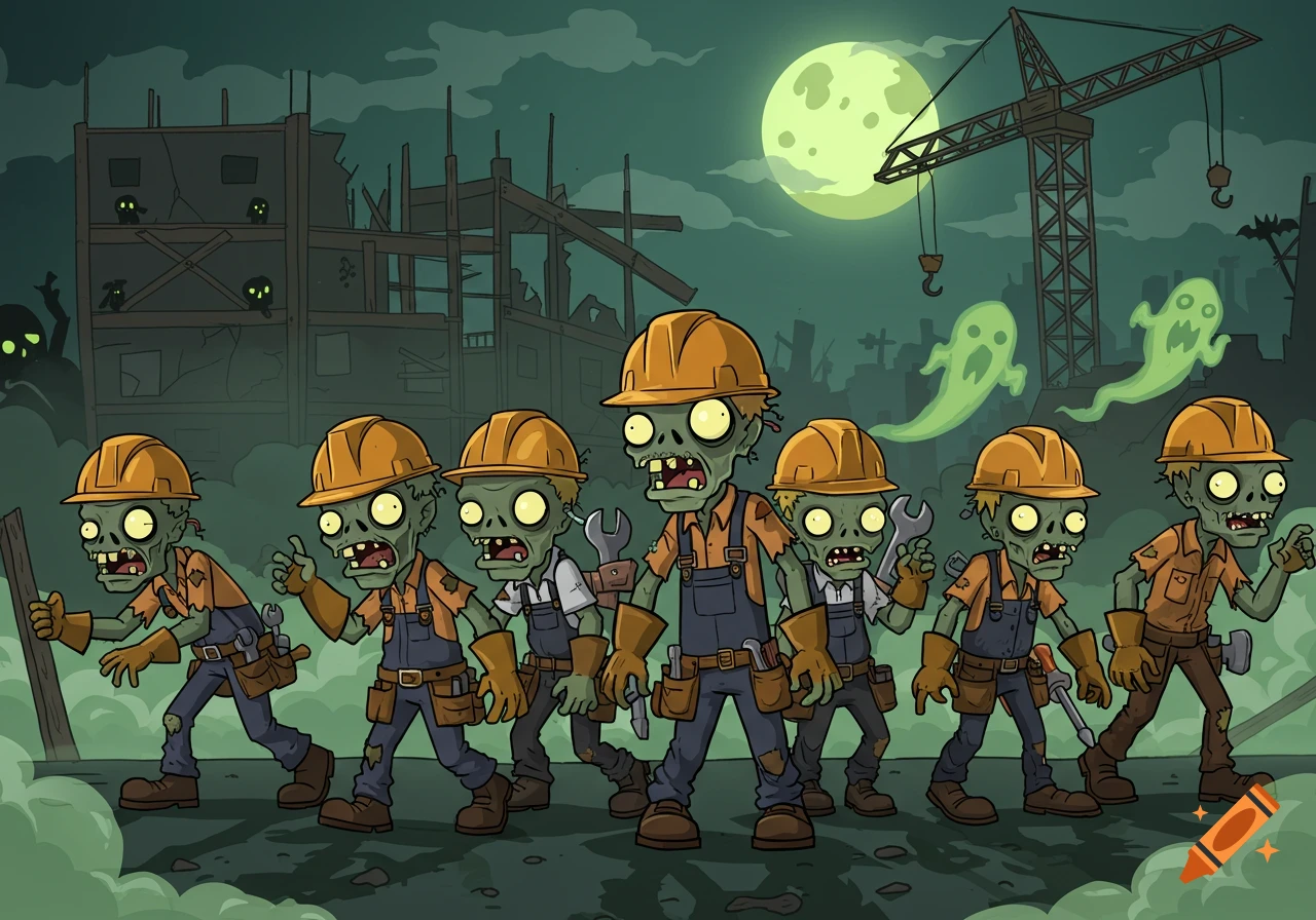 Simple cartoon of zombie construction workers in hard hats walking at a spooky site under a full moon with ghosts.