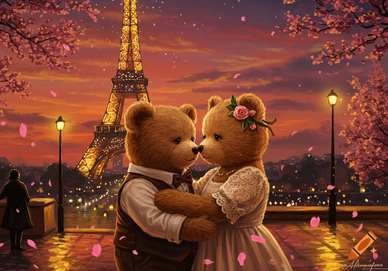 Two teddy bears in formal wear hug under cherry blossoms with the Eiffel Tower at sunset, digital art.