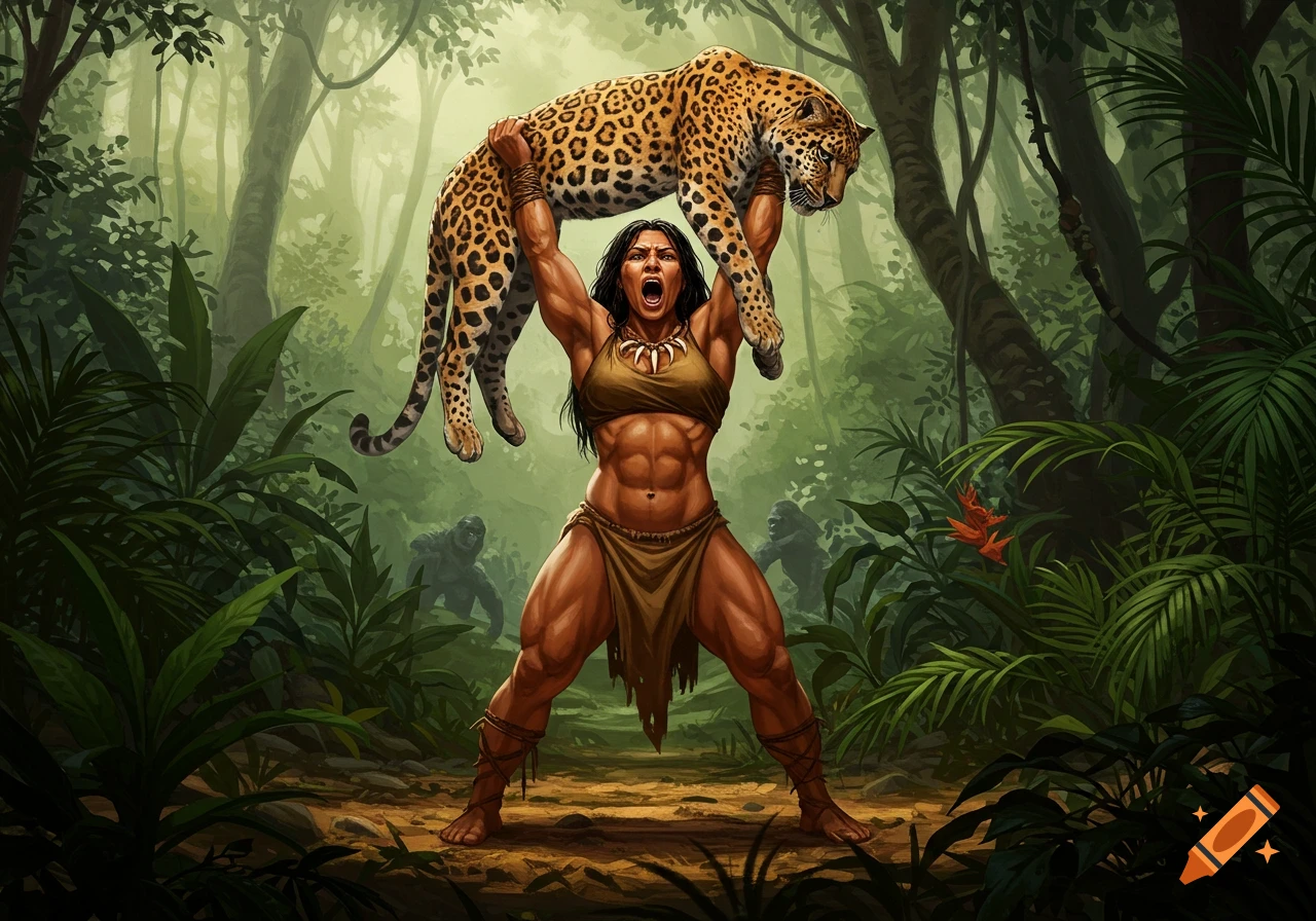Muscular Latina warrior woman holding a leopard overhead and yelling in a lush jungle with gorillas, in an illustrated style.