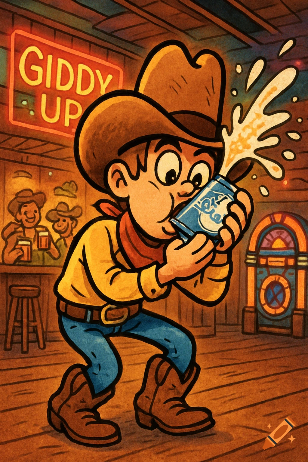 Cartoon cowboy with a big hat and boots, shotgunning a beer can with liquid spraying, inside a country bar with a "GIDDY UP" neon sign.