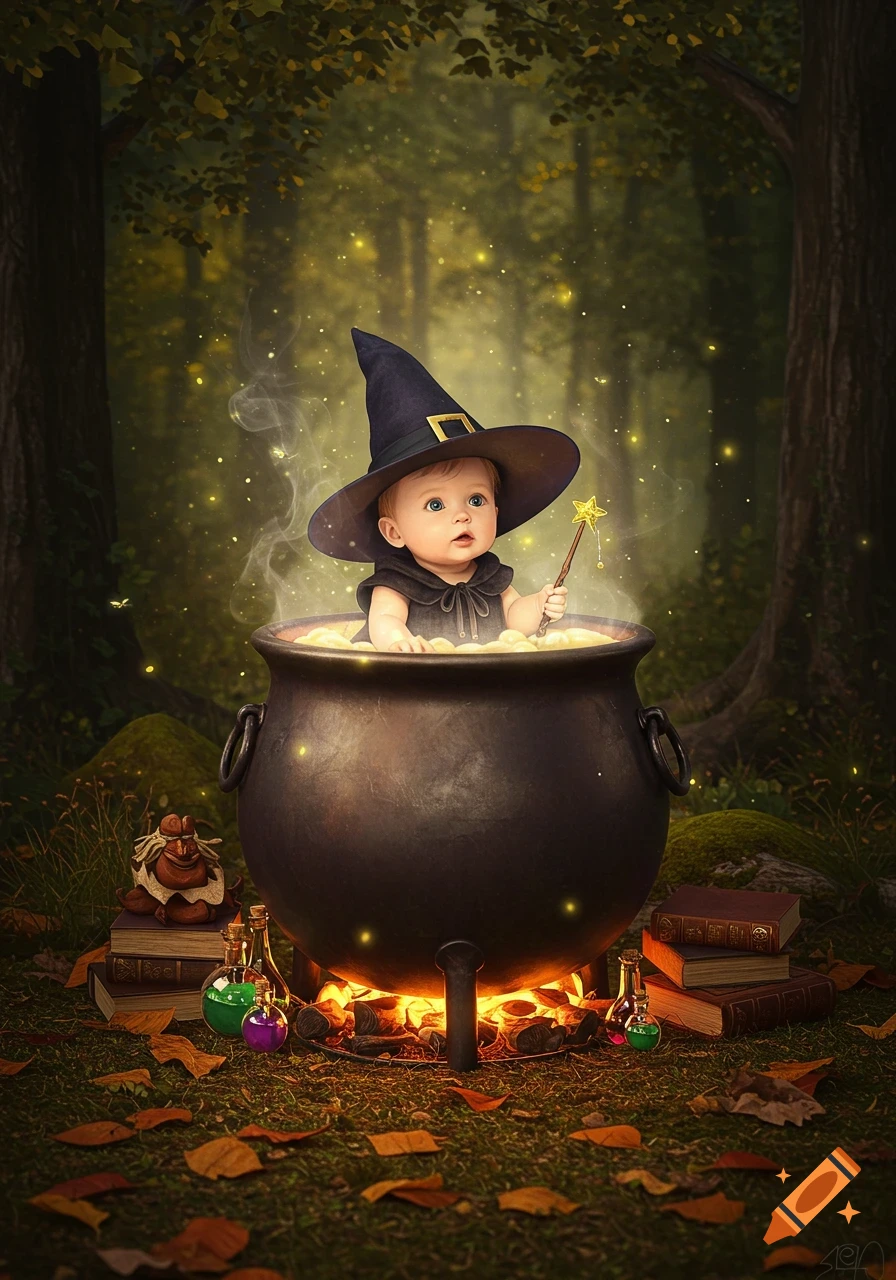 A baby witch in a cauldron holding a magic wand, surrounded by glowing embers, potions, and books in a magical forest.
