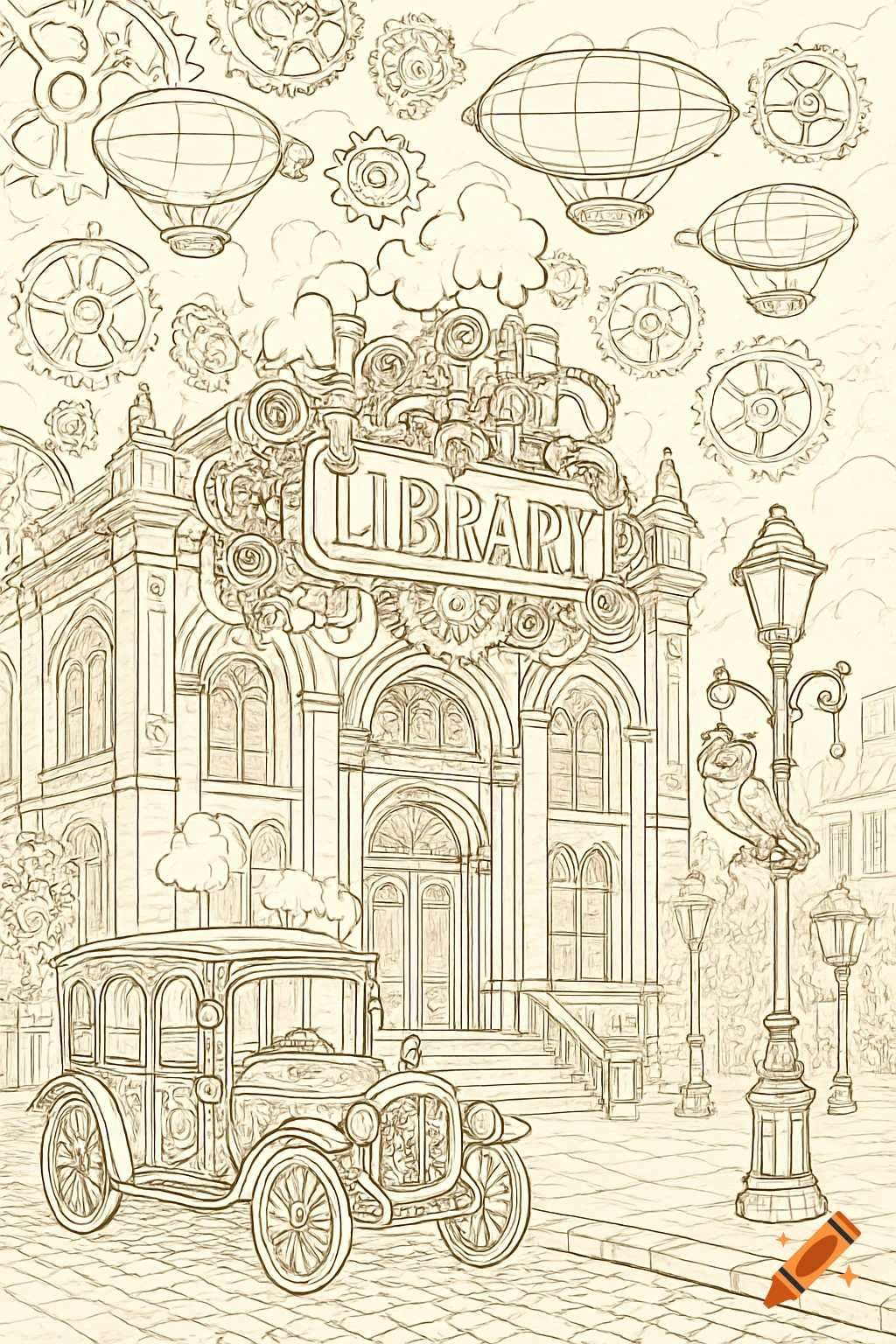 Steampunk library line art with a vintage car, dirigibles, and gears in the sky, suitable for a coloring book.