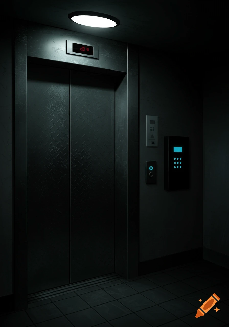 A dark, ominous elevator entrance with textured metal doors, a glowing floor indicator, and a blue lit keypad on the wall.
