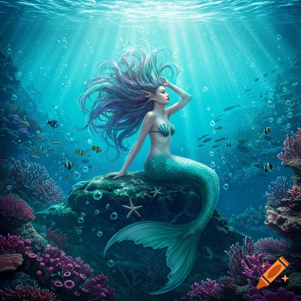 A fantasy illustration of a mermaid with flowing purple hair sitting on an underwater rock surrounded by colorful coral and fish.