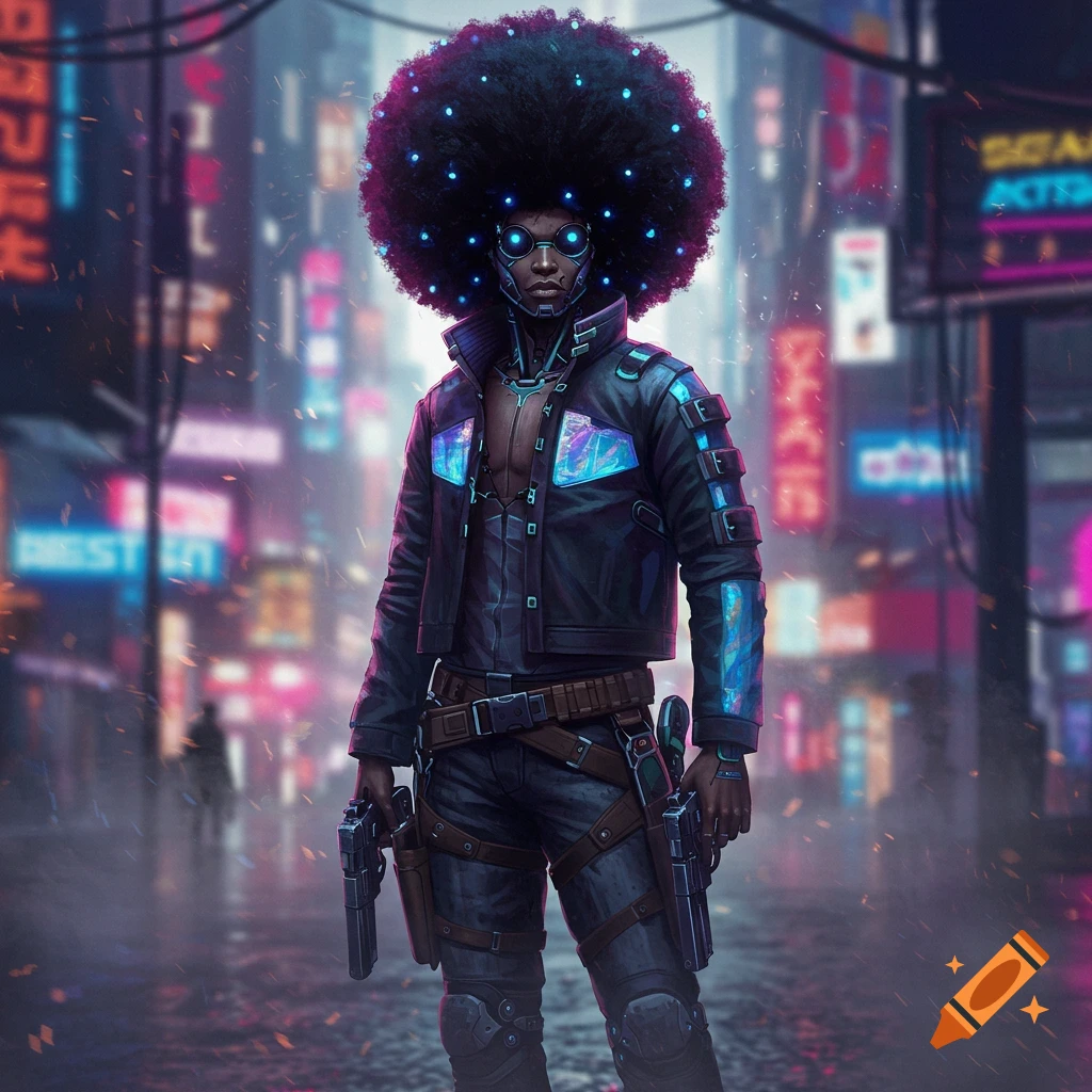 A cyberpunk character with a large afro, glowing blue eyes and details, and two pistols stands in a neon-lit futuristic city.
