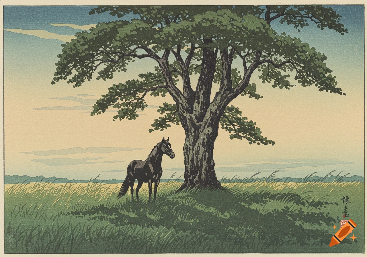 A black horse stands under a large tree in a green field, depicted in Japanese woodblock print style.