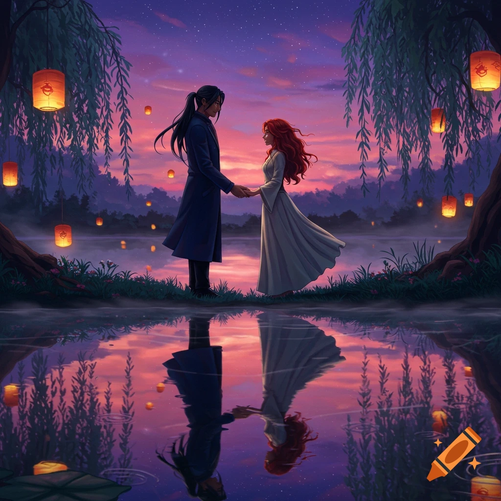 A man and a woman holding hands by a lake at twilight, surrounded by hanging lanterns with reflections in the water, digital art.