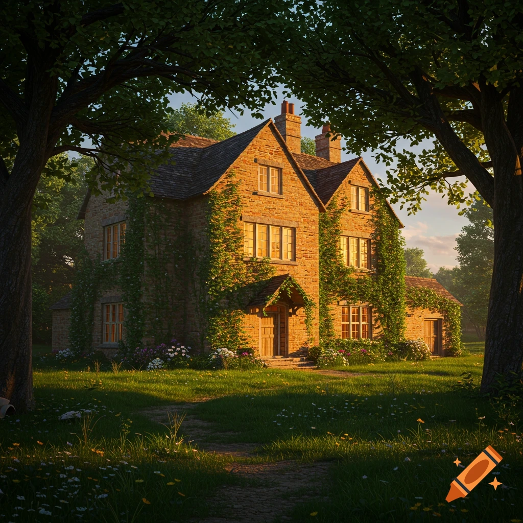 Photorealistic old stone house covered in ivy, set in a lush garden with a path, framed by trees under warm evening light.