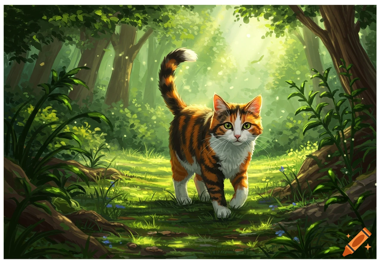 A vibrant digital painting of a calico cat with green eyes walking towards the viewer on a sun-dappled forest path.