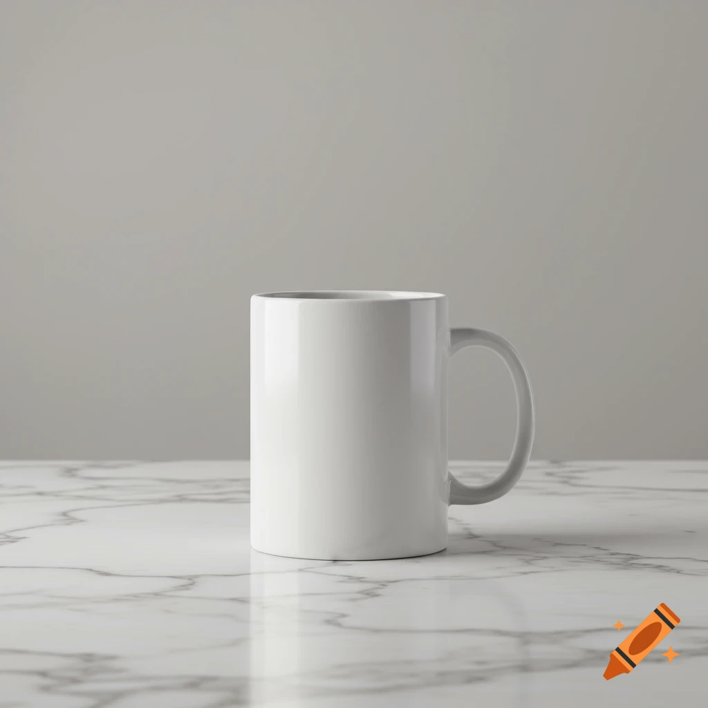 A blank white coffee mug sits on a white marble table against a light gray background.