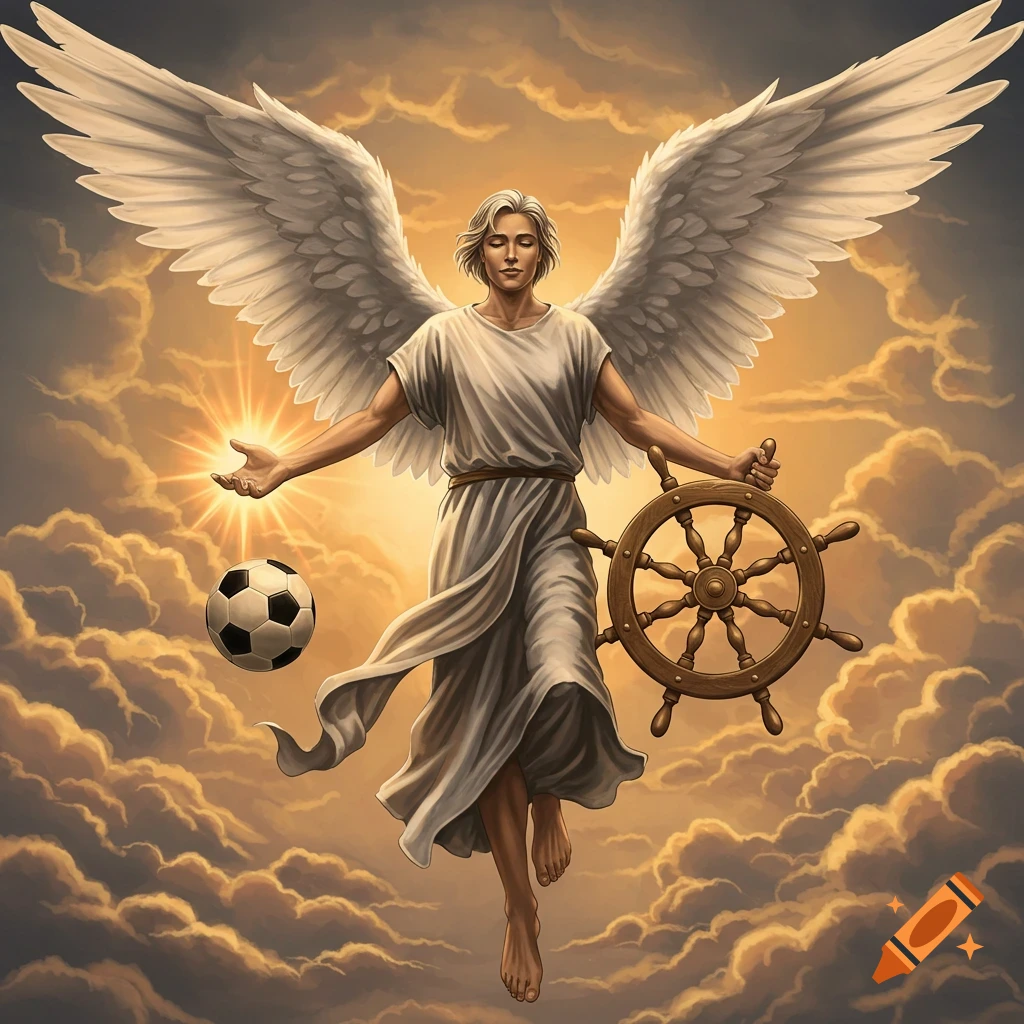 A winged male angel floats in golden clouds, holding a ship's wheel and emitting light, with a soccer ball floating nearby in a detailed illustration.
