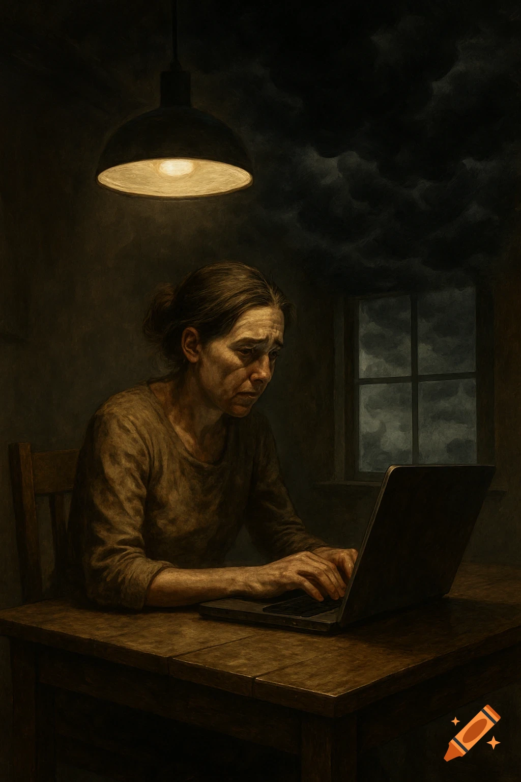 A somber painting of a distressed woman looking at her laptop in a dimly lit room, with dark clouds outside.