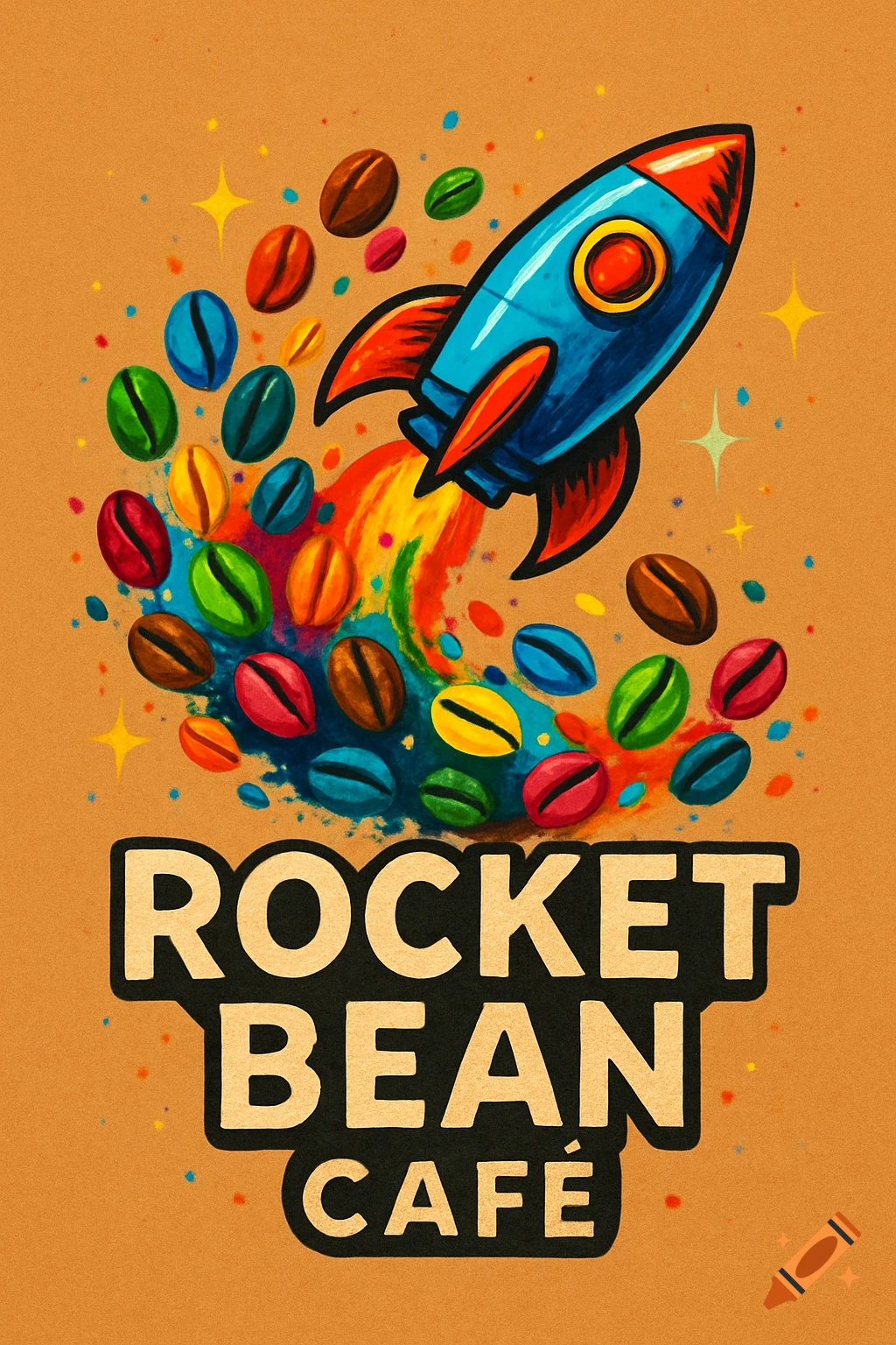 A colorful cartoon logo for 'Rocket Bean Café', featuring a blue rocket taking off with a trail of vibrant coffee beans.