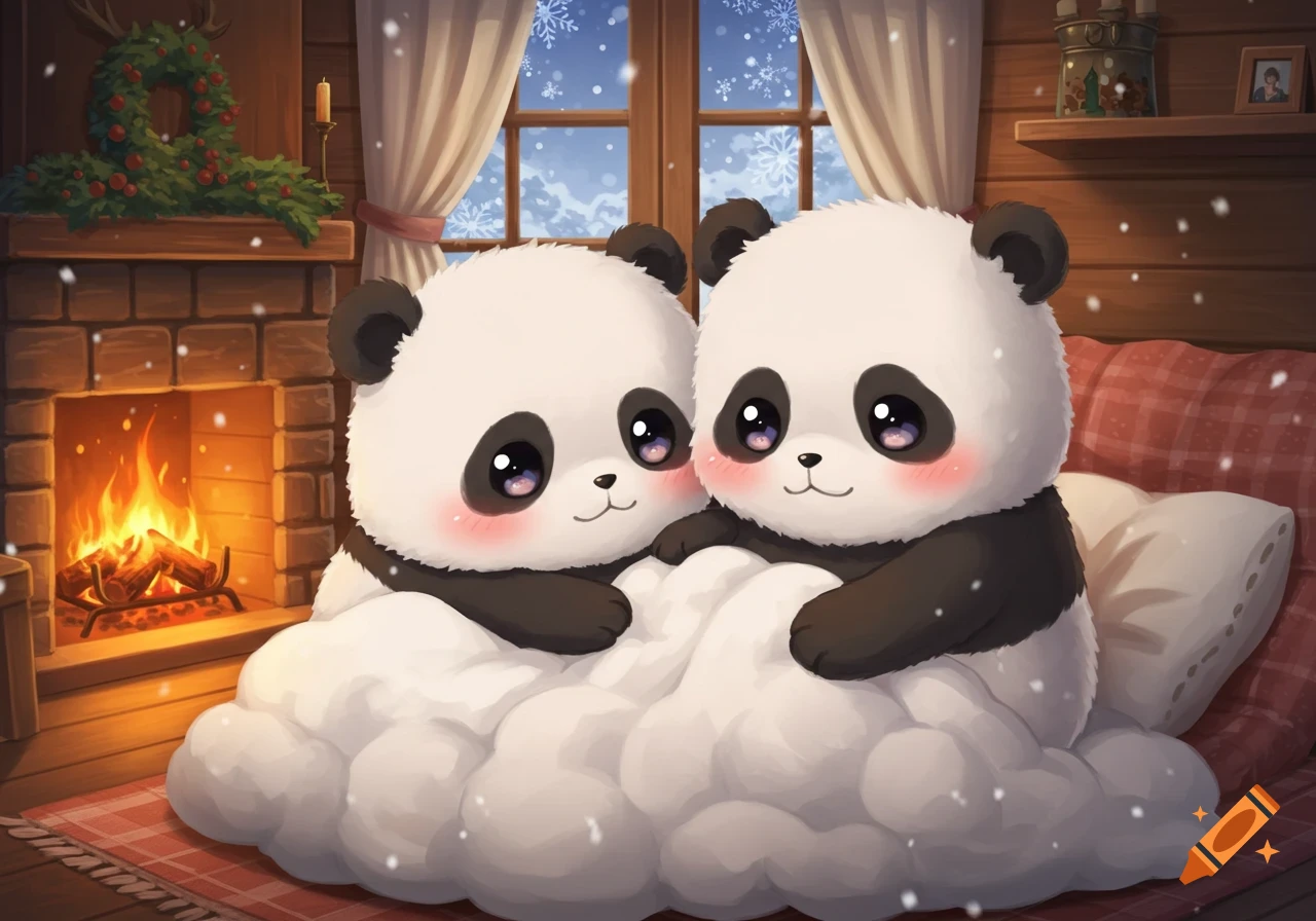 Two cute chibi pandas cuddle under a white blanket by a warm fireplace in a cozy cabin on a snowy winter night.