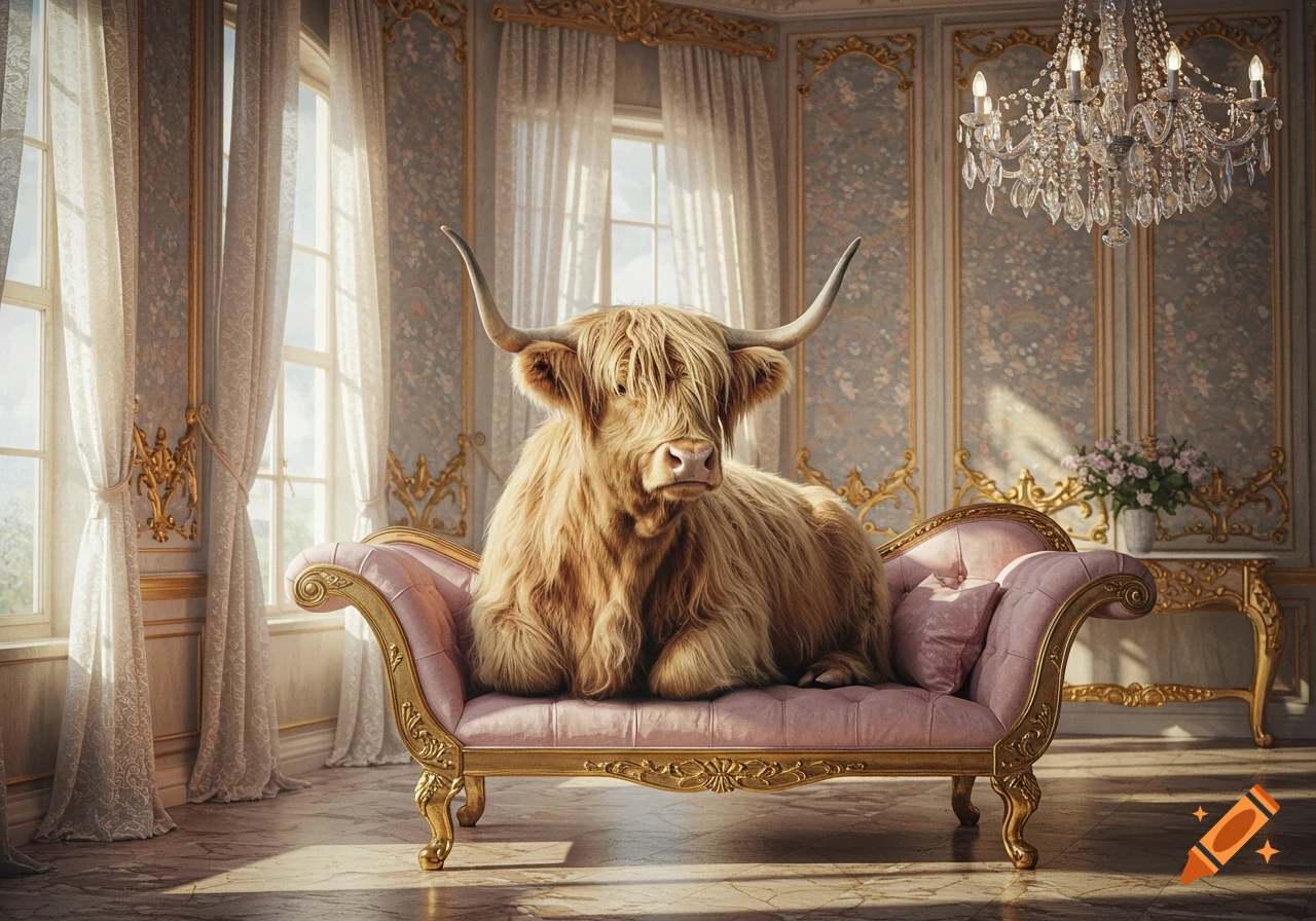 A fluffy Highland cow lies on a pink Rococo sofa in a grand, sunlit room with ornate walls and a crystal chandelier.
