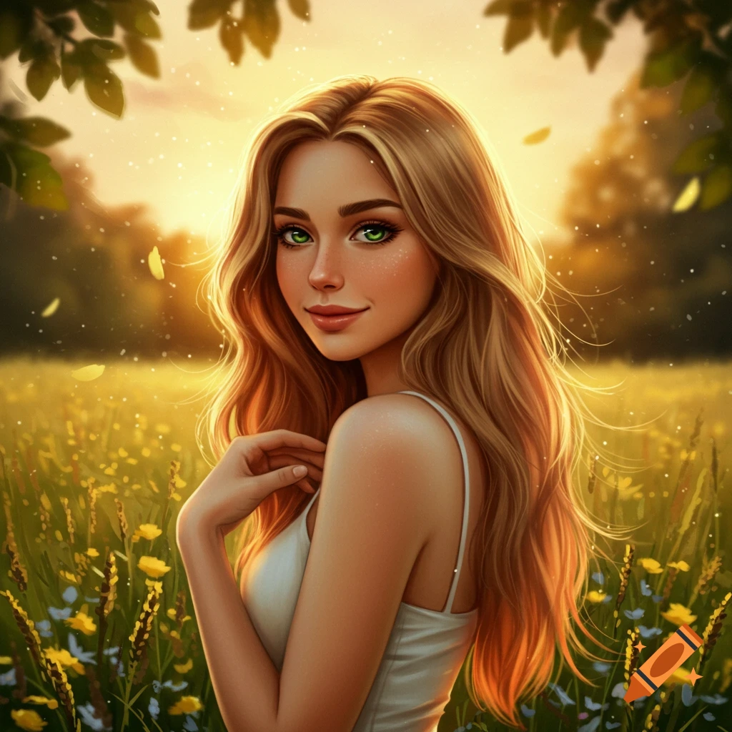 A stylized portrait of a young woman with long blonde hair and green eyes, wearing a white top, in a golden field at sunset.