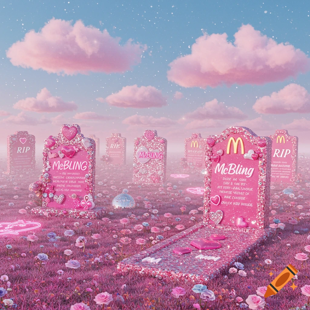 A glittery pink McBling graveyard with heart-decorated headstones and McDonald's 'M' logos under a pastel sky with fluffy pink clouds.