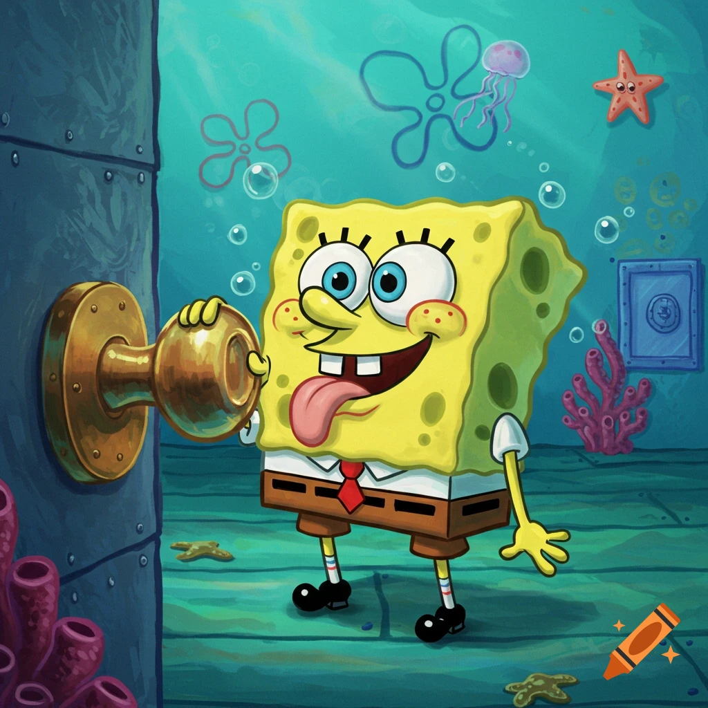 Spongebob Squarepants sticks his tongue out while licking a brass doorknob on a wooden wall underwater, with sea creatures in the background.