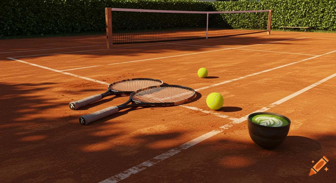 Photorealistic image of a sunny clay tennis court with two rackets, two tennis balls, and a cup of matcha latte.