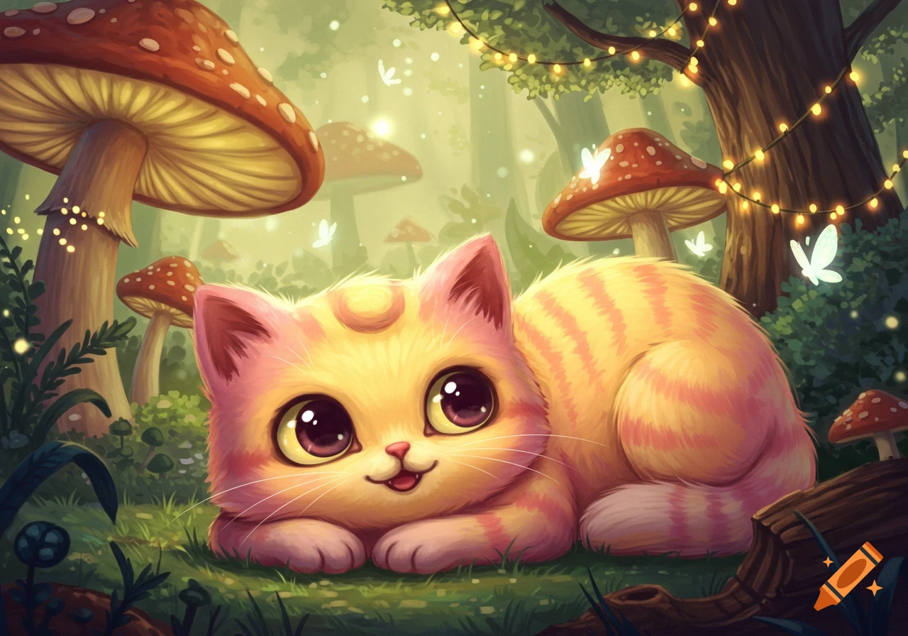 A cute, smiling orange and pink striped cartoon cat lies in an enchanted forest with large mushrooms, glowing lights, and white butterflies.