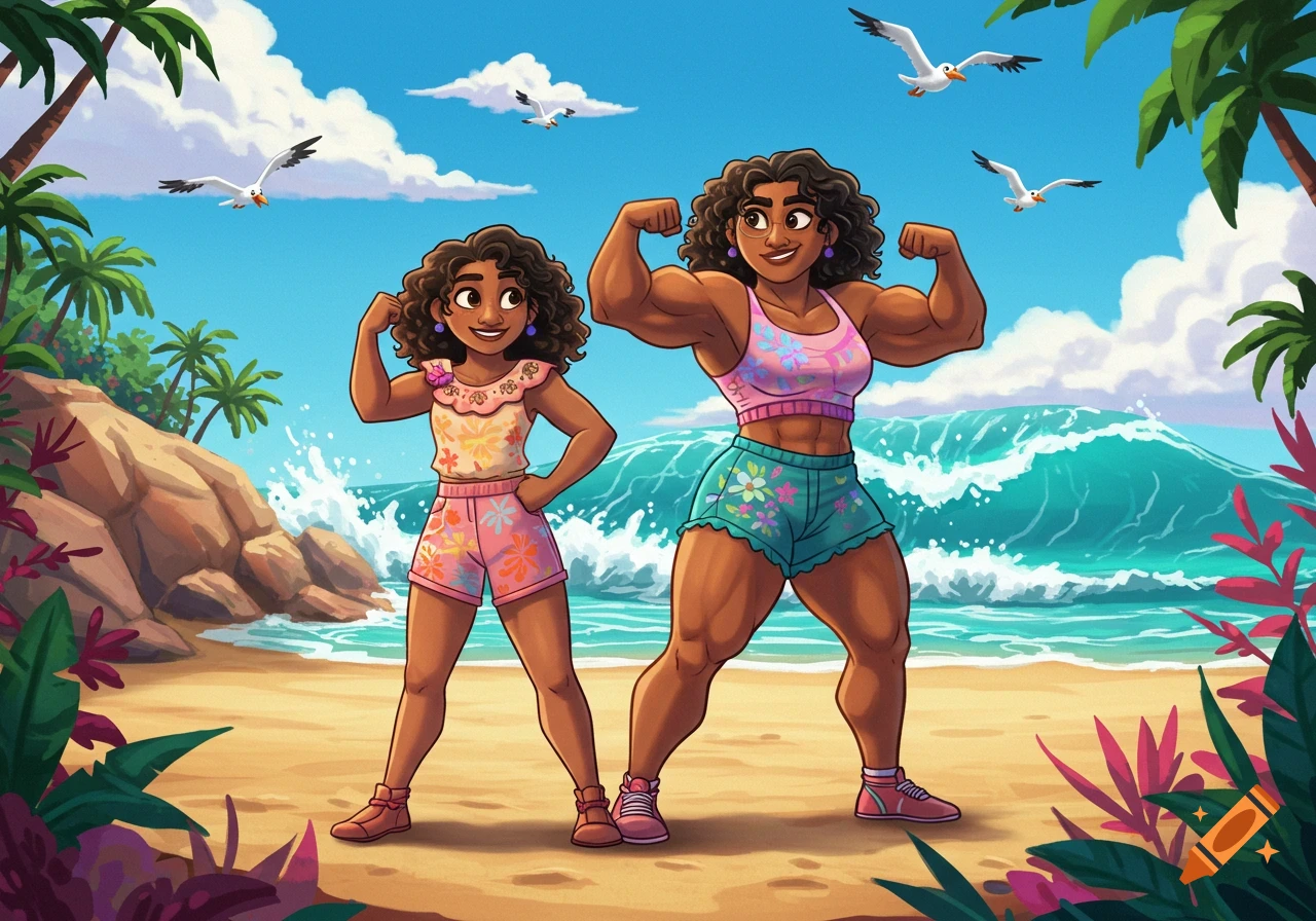 Cartoon of Mirabel and her muscular mom flexing on a tropical beach with palm trees and seagulls.