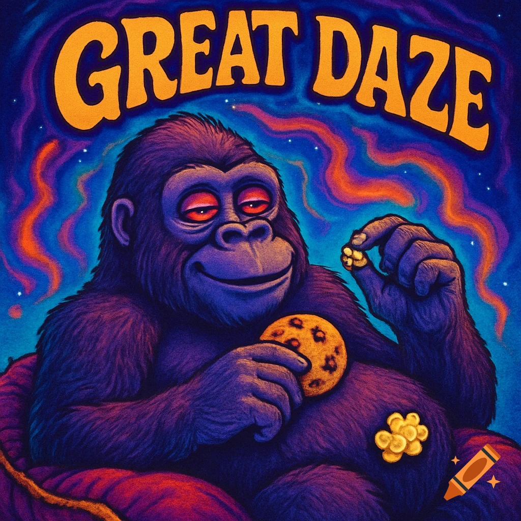 A vibrant, stylized purple gorilla with red eyes holds a cookie and popcorn under 'GREAT DAZE' text, against a psychedelic blue and orange background.