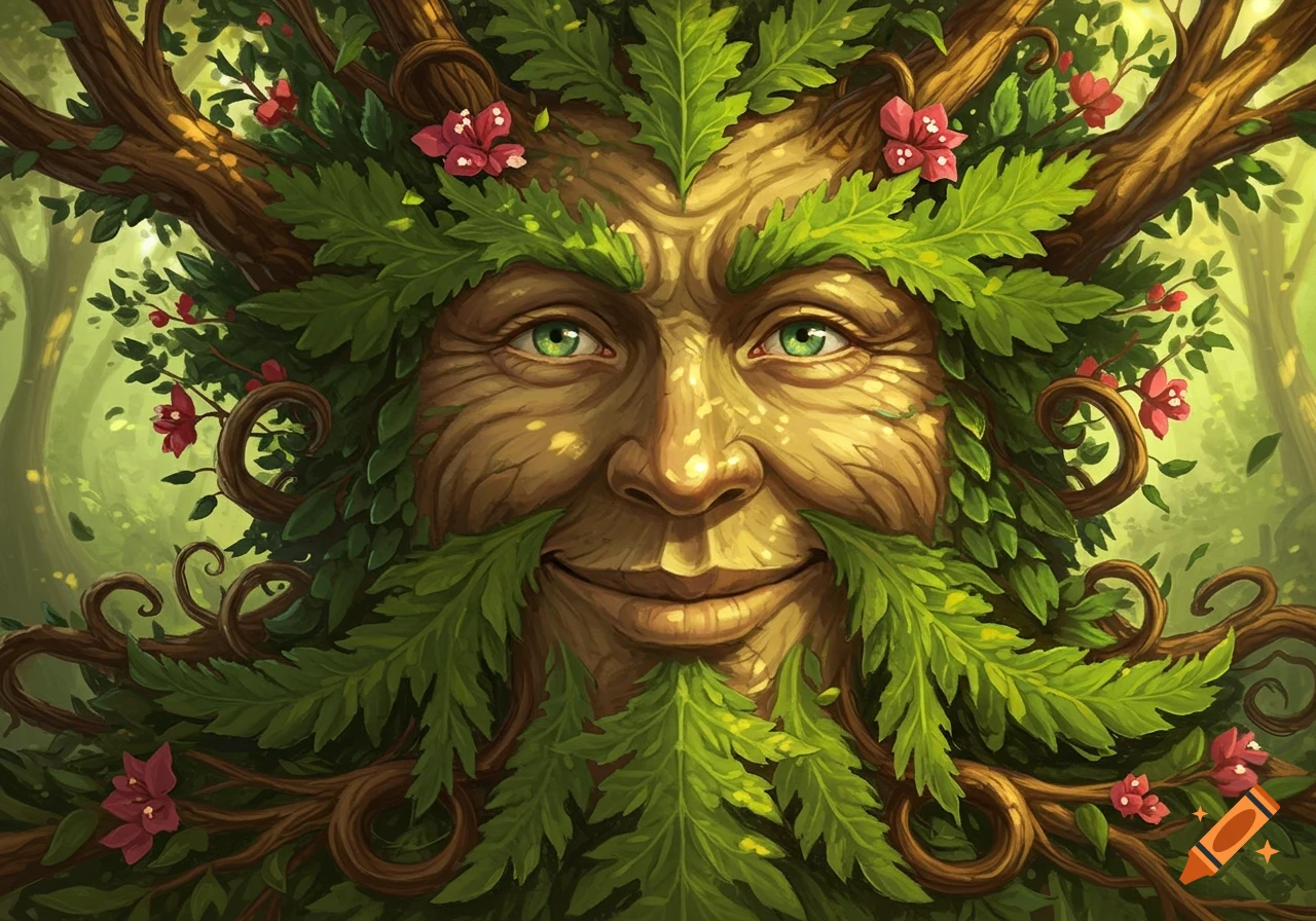Detailed, illustrative close-up of a smiling Green Man face, made of interwoven leaves and wood, with green eyes and red flowers.