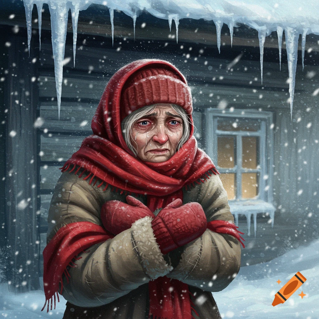 An old woman bundled in a red scarf, hat, and brown coat, crying and holding her mittens close while standing in the snow outside a wooden house with icicles.