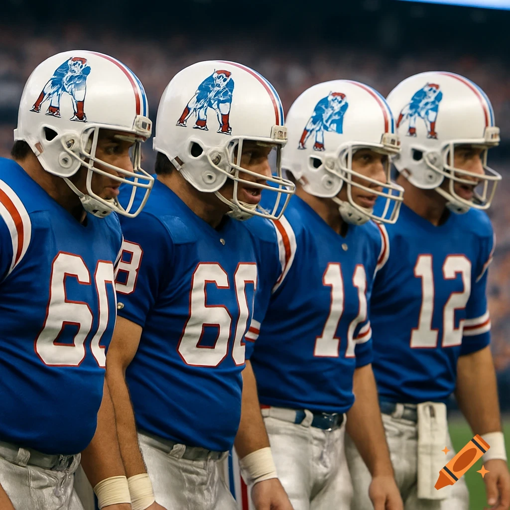 Four football players in blue jerseys with white numbers and white helmets featuring the 'Pat Patriot' logo stand on a field.