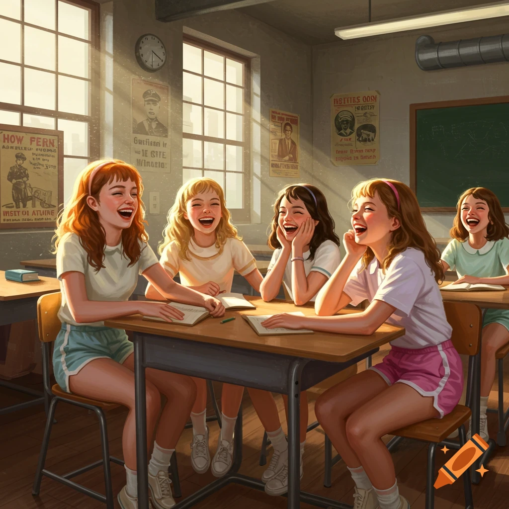 Five young girls laugh loudly while sitting at desks in a sunny classroom with posters on the walls. Anime style.